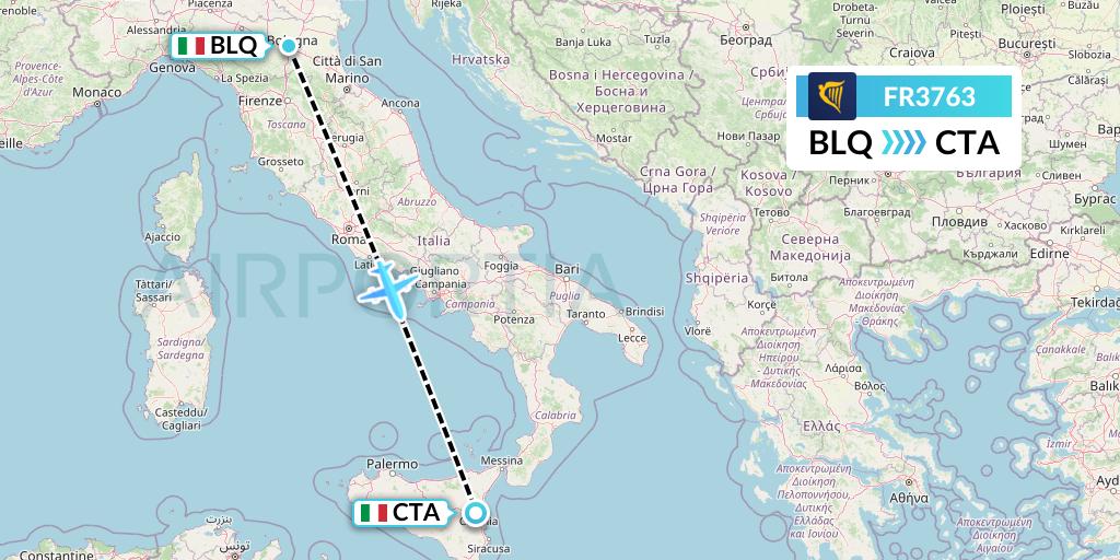 FR3763 Ryanair Flight Map: Bologna to Catania