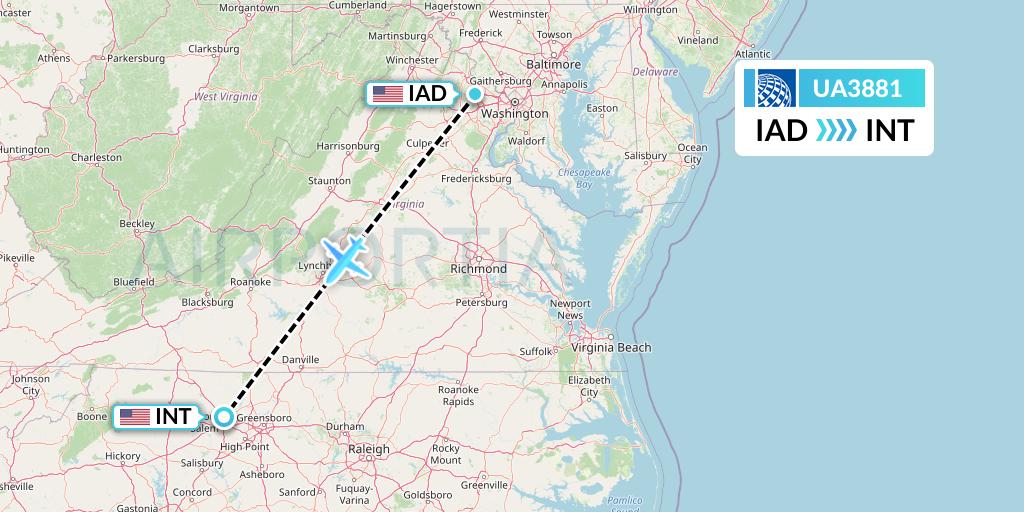 UA3881 United Airlines Flight Map: Washington to Winston-Salem