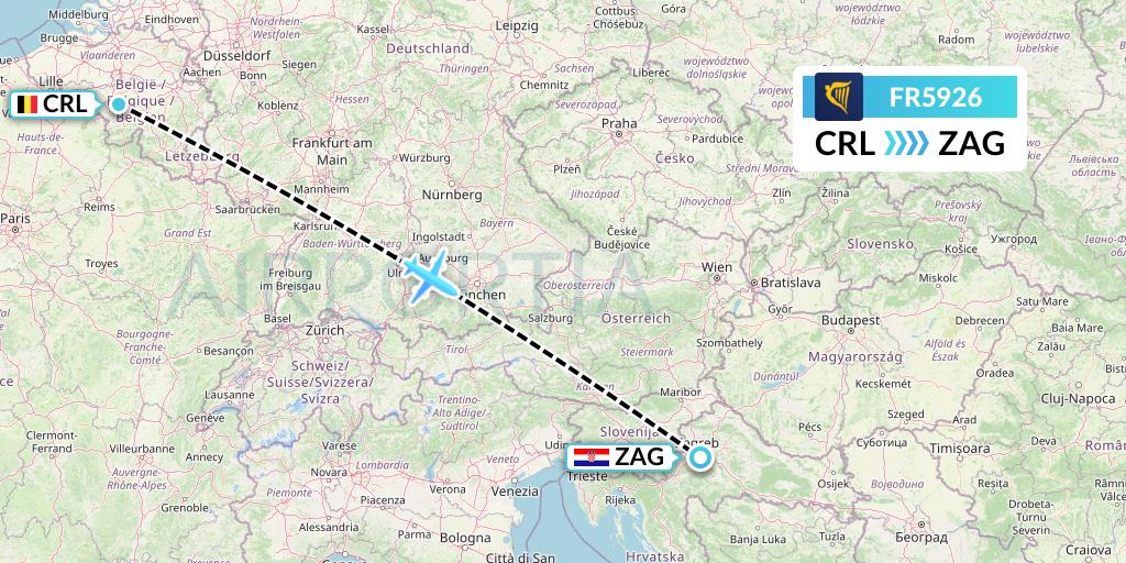 FR5926 Ryanair Flight Map: Brussels to Zagreb