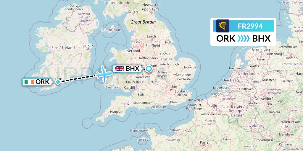 FR2994 Ryanair Flight Map: Cork to Birmingham
