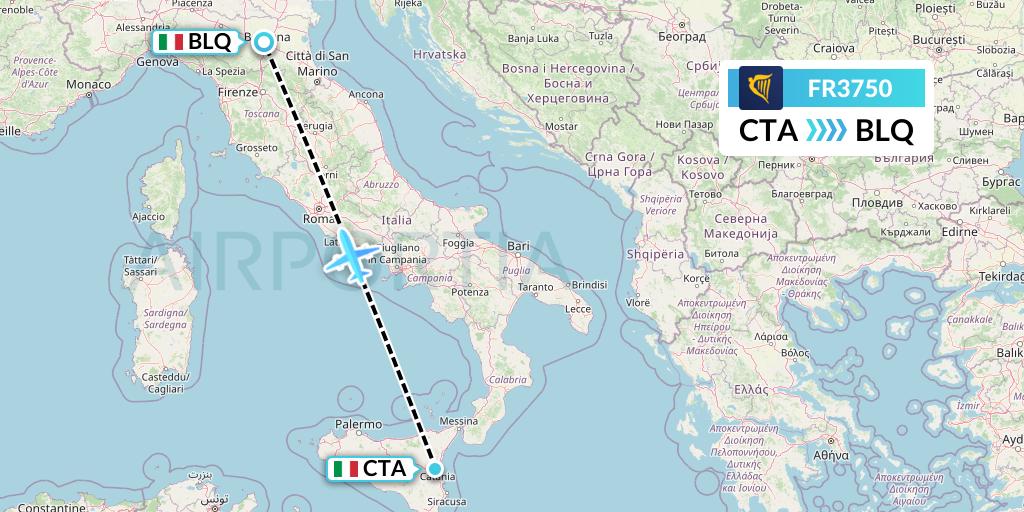 FR3750 Ryanair Flight Map: Catania to Bologna