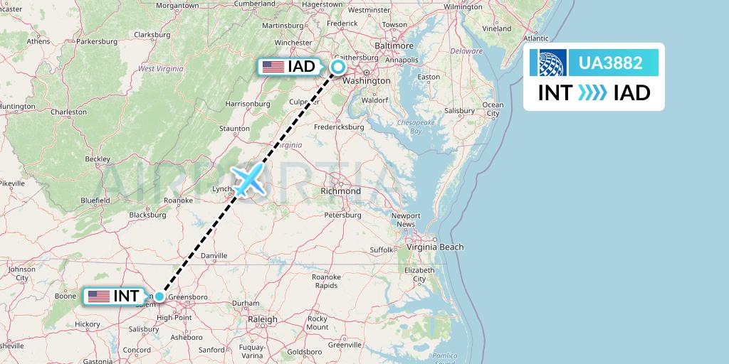 UA3882 United Airlines Flight Map: Winston-Salem to Washington