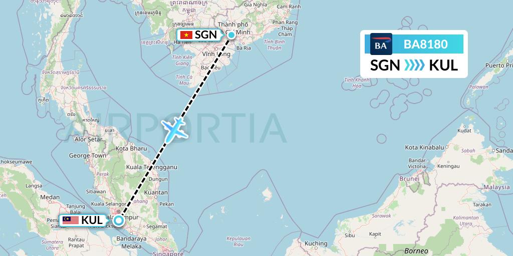 BA8180 British Airways Flight Map: Ho Chi Minh City to Kuala Lumpur