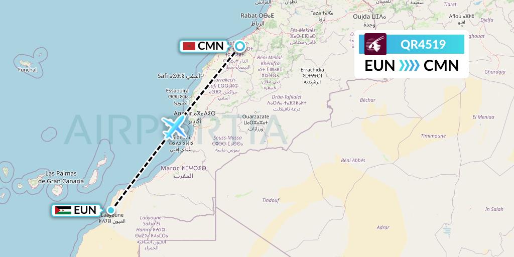 QR4519 Qatar Airways Flight Map: El Aaiun to Casablanca