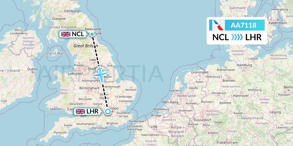 AA7118 American Airlines Flight Map: Newcastle to London
