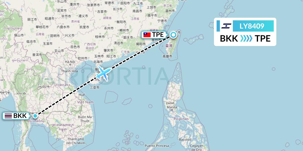 LY8409 El Al Flight Map: Bangkok to Taipei