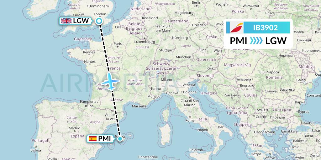 IB3902 Iberia Flight Map: Palma de Mallorca to London