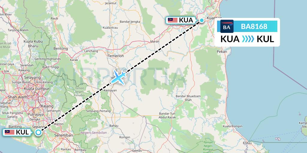 BA8168 British Airways Flight Map: Kuantan to Kuala Lumpur