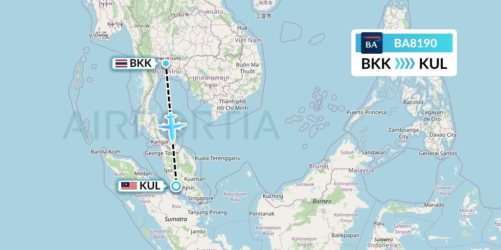 BA8190 British Airways Flight Map: Bangkok to Kuala Lumpur