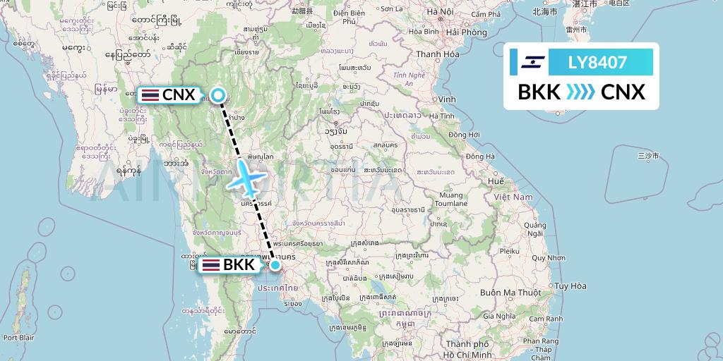 LY8407 El Al Flight Map: Bangkok to Chiang Mai