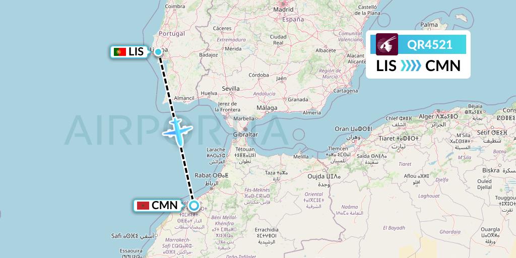 QR4521 Qatar Airways Flight Map: Lisbon to Casablanca
