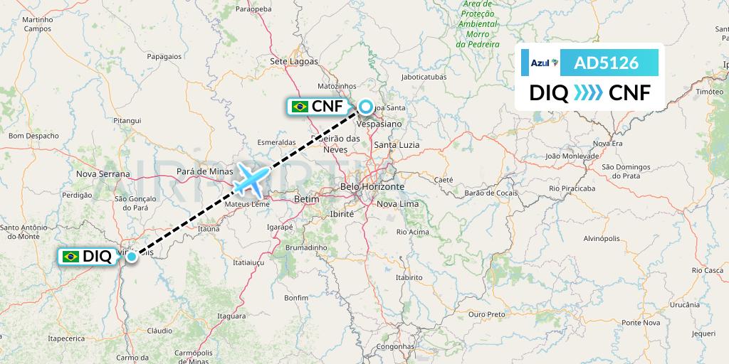 AD5126 Azul Brazilian Airlines Flight Map: Divinopolis to Belo Horizonte