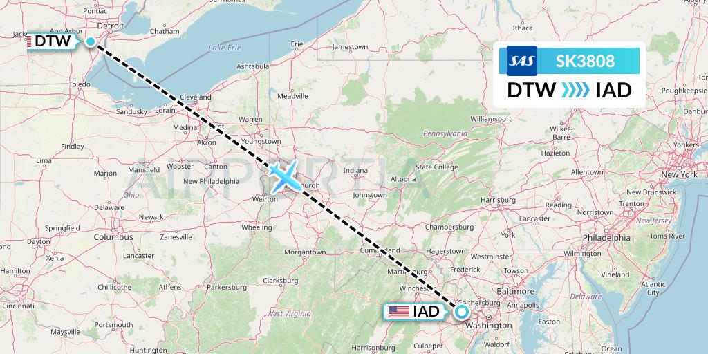 SK3808 SAS Flight Map: Detroit to Washington