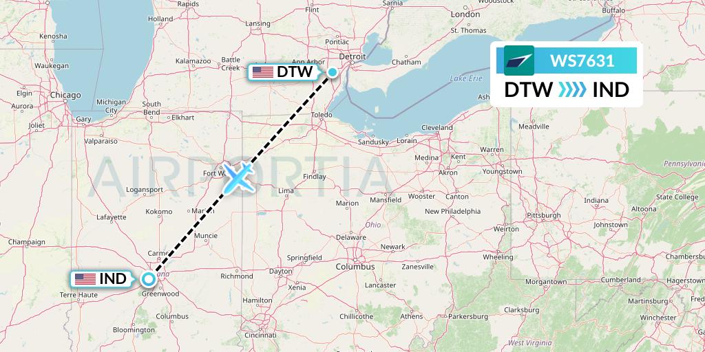 WS7631 WestJet Flight Map: Detroit to Indianapolis