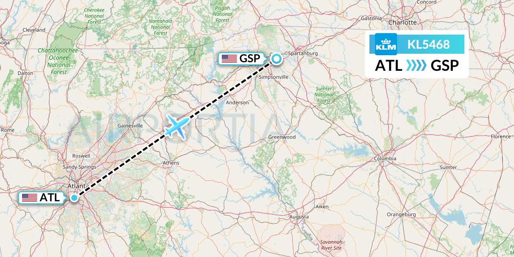 KL5468 KLM Flight Map: Atlanta to Greenville-Spartanburg