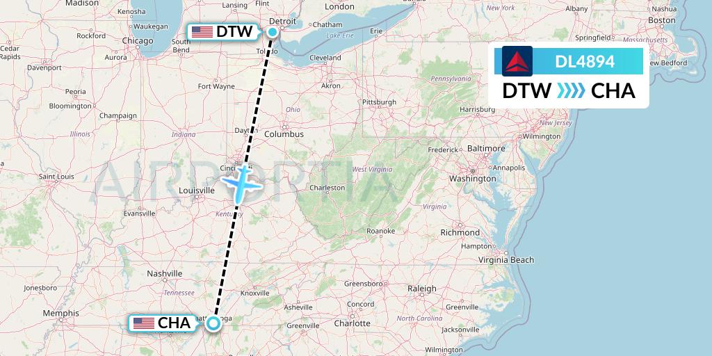 DL4894 Delta Air Lines Flight Map: Detroit to Chattanooga