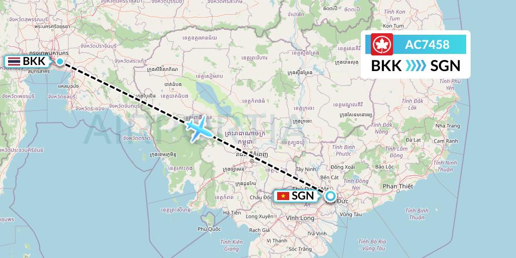 AC7458 Air Canada Flight Map: Bangkok to Ho Chi Minh City