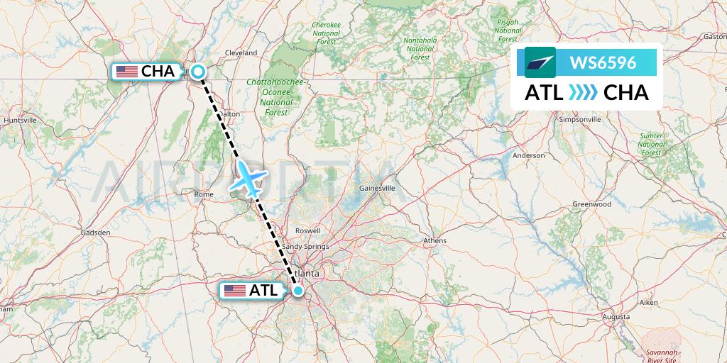 WS6596 WestJet Flight Map: Atlanta to Chattanooga