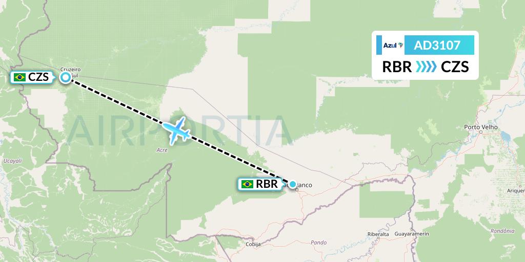 AD3107 Azul Brazilian Airlines Flight Map: Rio Branco to Cruzeiro do Sul