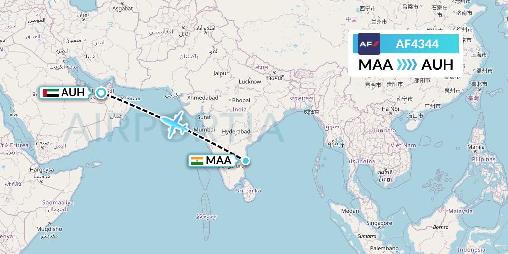 AF4344 Air France Flight Map: Chennai to Abu Dhabi