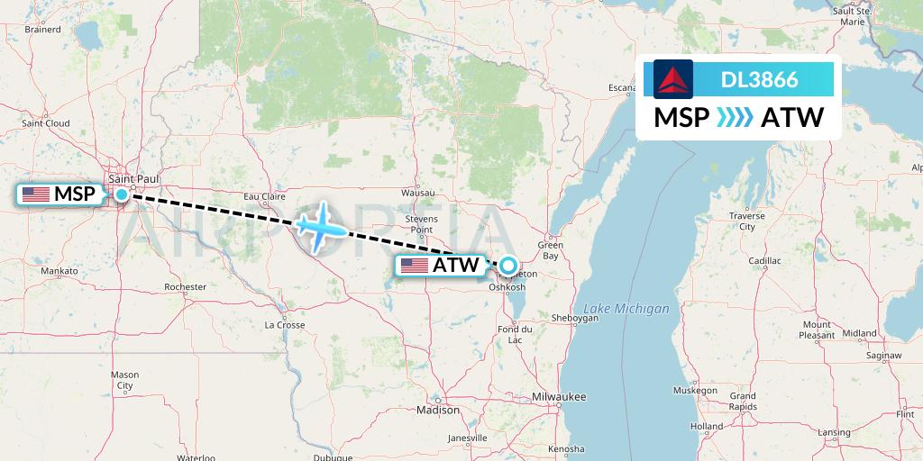 DL3866 Delta Air Lines Flight Map: Minneapolis to Appleton