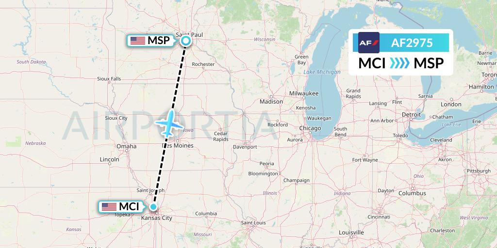 AF2975 Air France Flight Map: Kansas City to Minneapolis