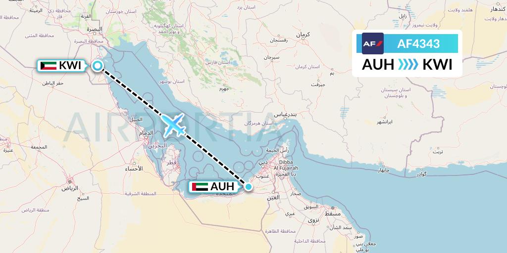 AF4343 Air France Flight Map: Abu Dhabi to Kuwait City