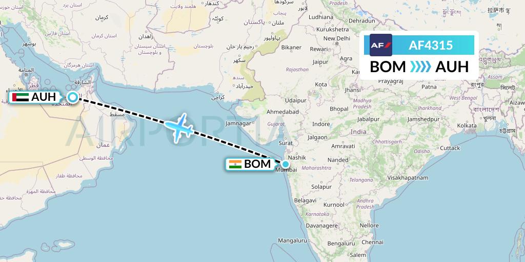 AF4315 Air France Flight Map: Mumbai to Abu Dhabi