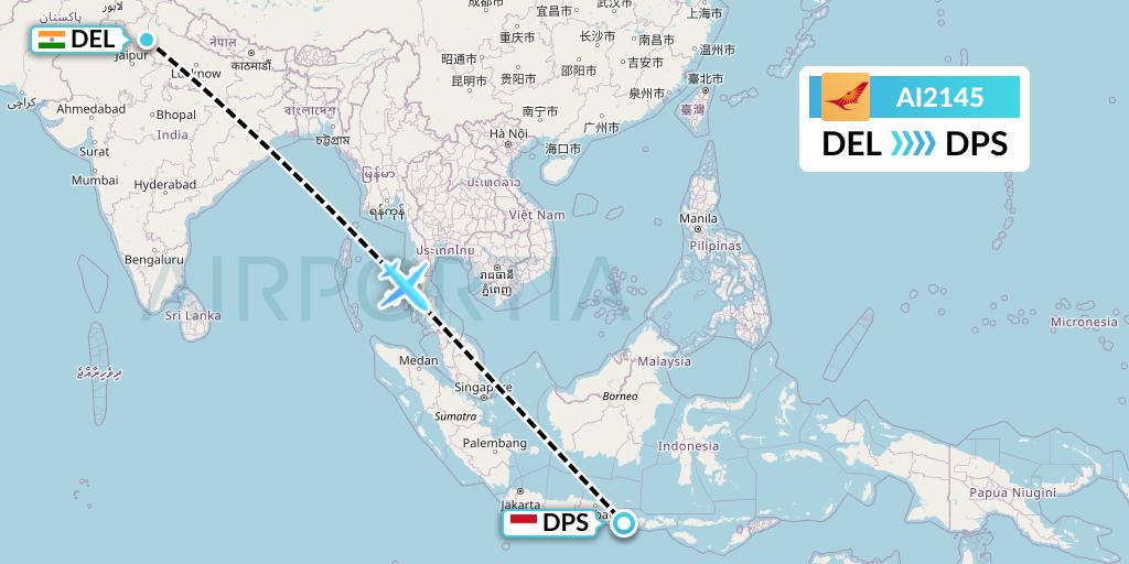 AI2145 Air India Flight Map: Delhi to Denpasar