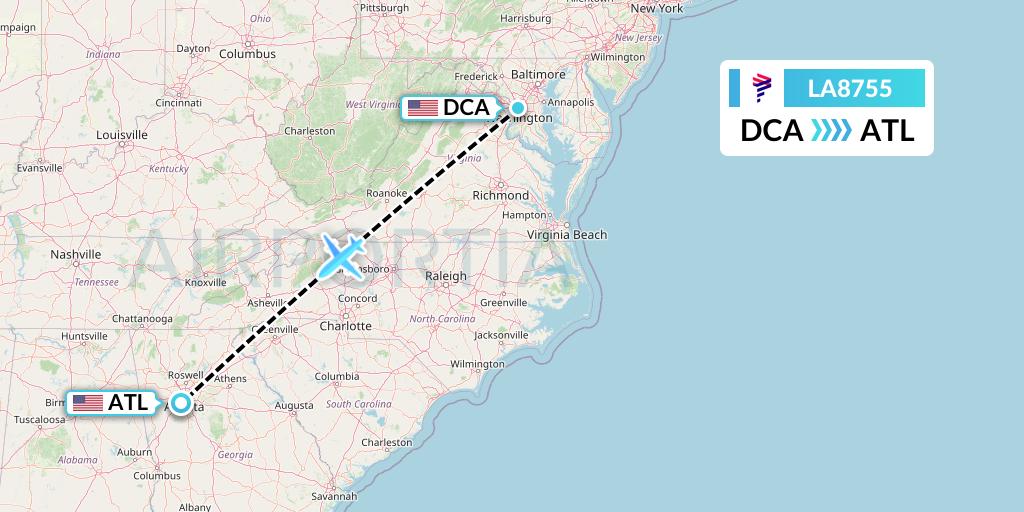 LA8755 LAN Airlines Flight Map: Washington to Atlanta