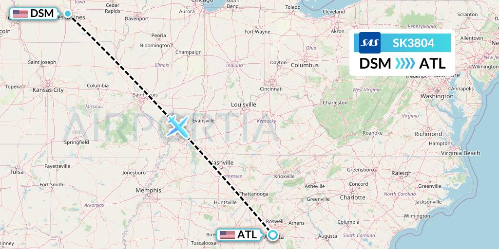 SK3804 SAS Flight Map: Des Moines to Atlanta