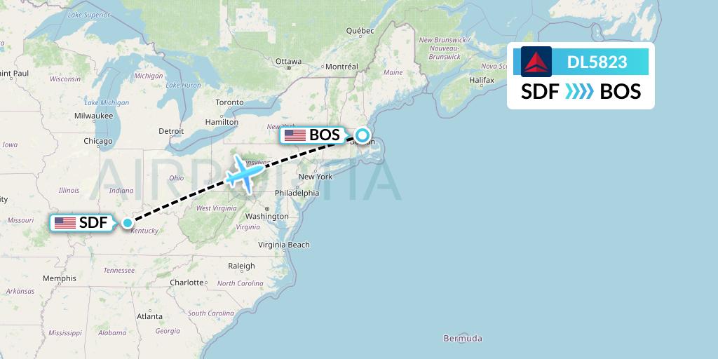 DL5823 Delta Air Lines Flight Map: Louisville to Boston