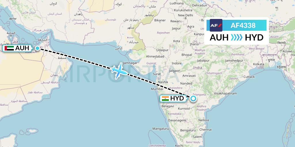 AF4338 Air France Flight Map: Abu Dhabi to Hyderabad