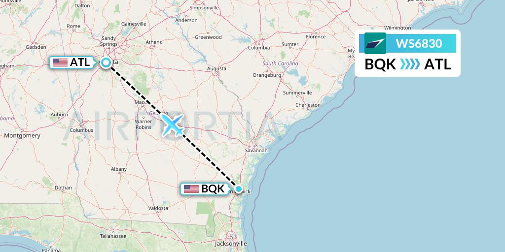 WS6830 WestJet Flight Map: Brunswick to Atlanta