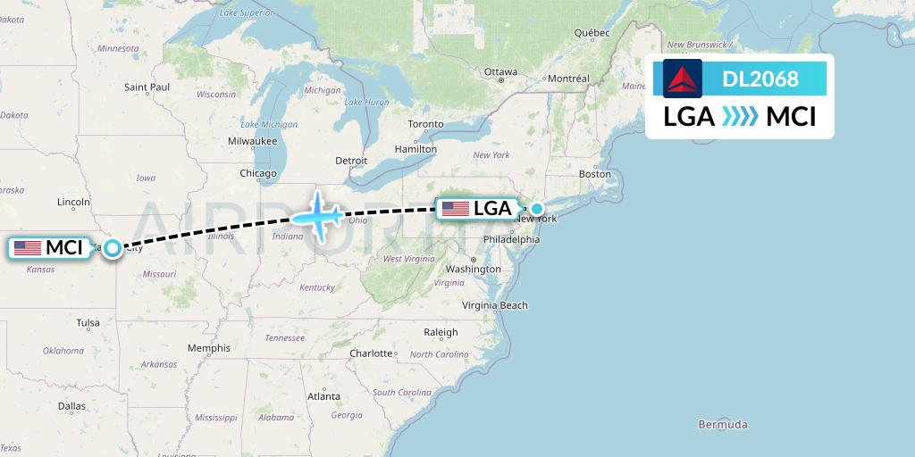 DL2068 Delta Air Lines Flight Map: New York to Kansas City