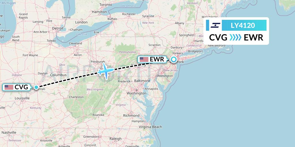 LY4120 El Al Flight Map: Cincinnati to New York