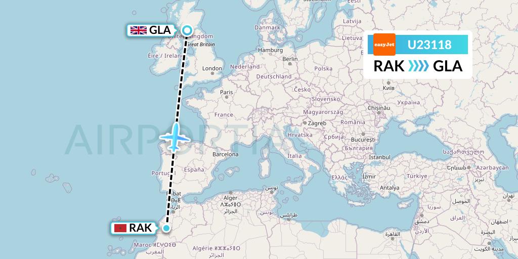 U23118 EasyJet Flight Map: Marrakesh to Glasgow