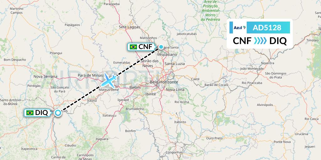 AD5128 Azul Brazilian Airlines Flight Map: Belo Horizonte to Divinopolis