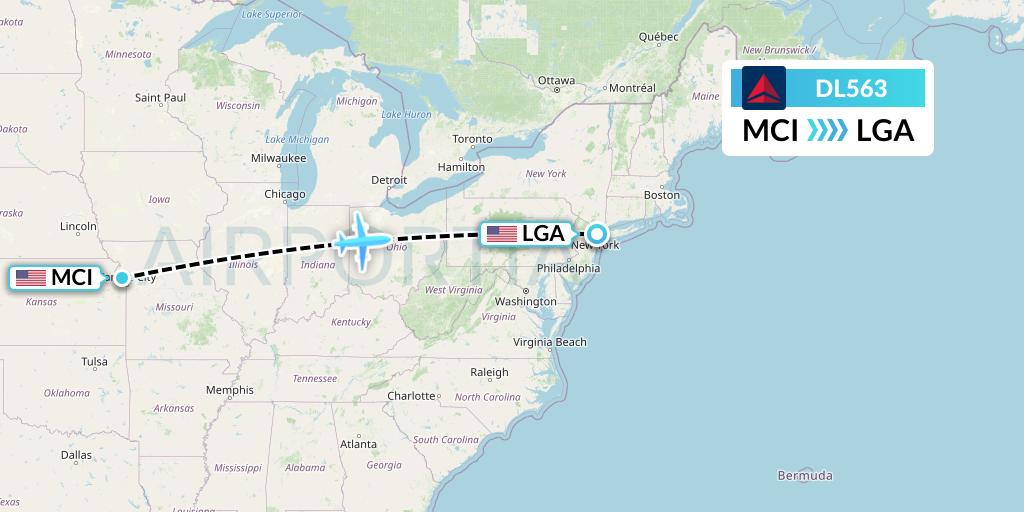 DL563 Delta Air Lines Flight Map: Kansas City to New York