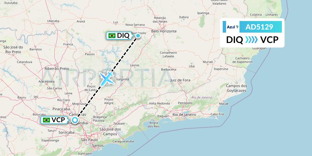 AD5129 Azul Brazilian Airlines Flight Map: Divinopolis to Campinas