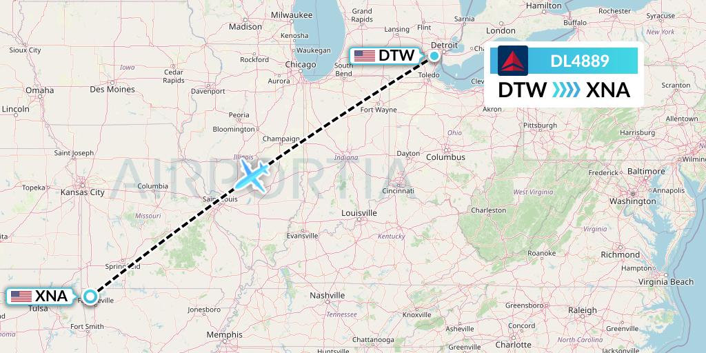 DL4889 Delta Air Lines Flight Map: Detroit to Bentonville