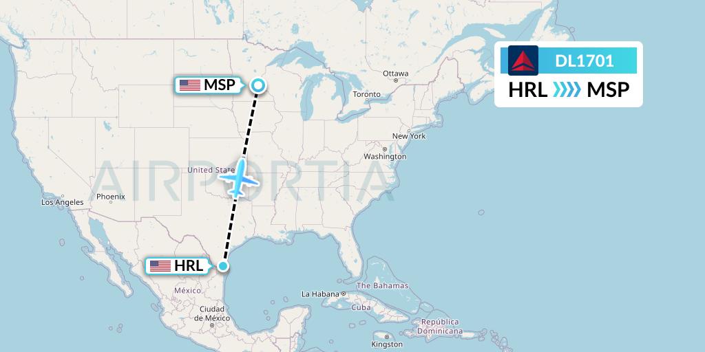 DL1701 Delta Air Lines Flight Map: Harlingen to Minneapolis