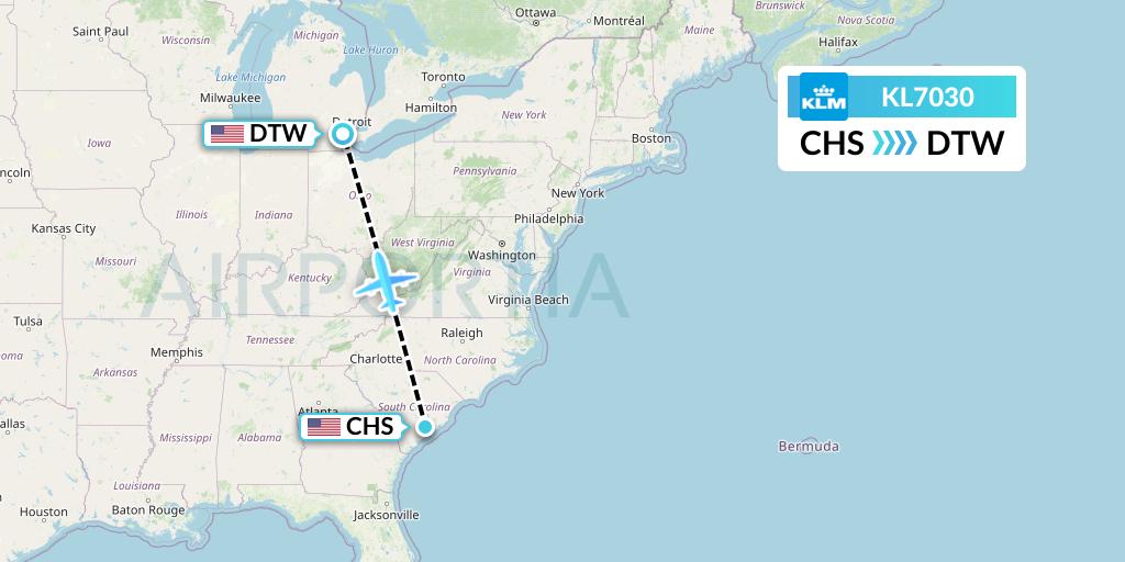 KL7030 KLM Flight Map: Charleston to Detroit