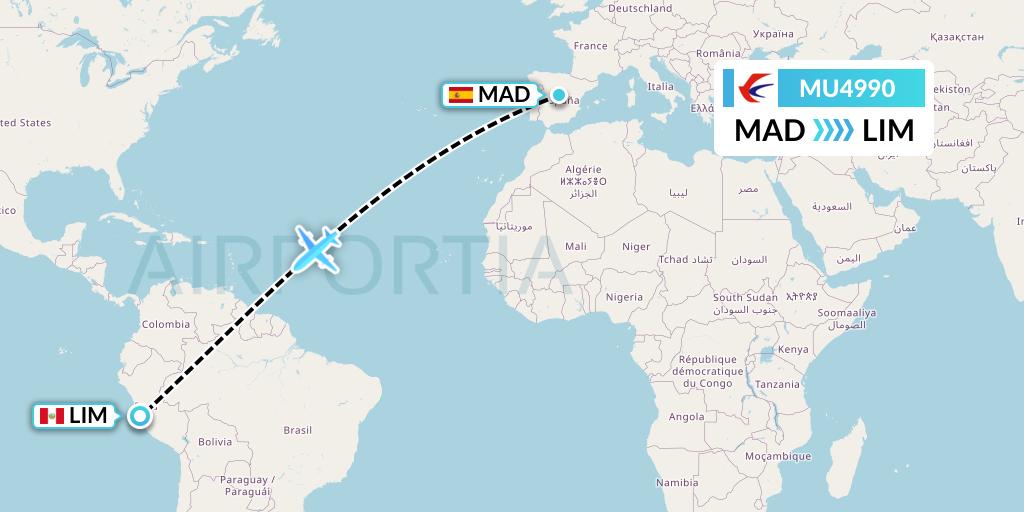 MU4990 China Eastern Airlines Flight Map: Madrid to Lima