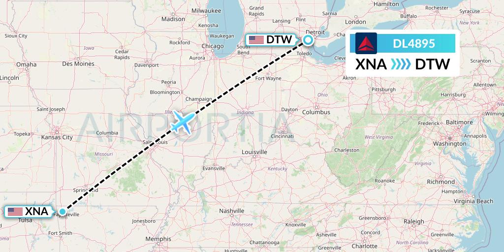 DL4895 Delta Air Lines Flight Map: Bentonville to Detroit