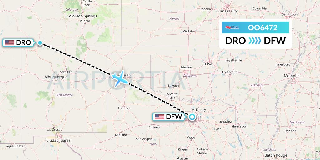 OO6472 SkyWest Airlines Flight Map: Durango to Dallas
