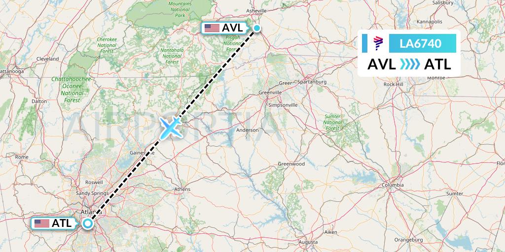 LA6740 LAN Airlines Flight Map: Asheville to Atlanta
