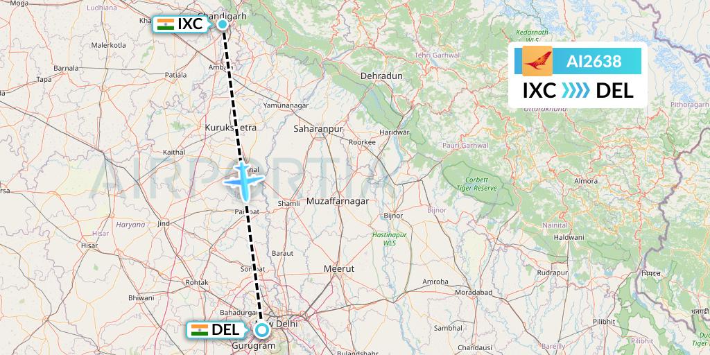 AI2638 Air India Flight Map: Chandigarh to Delhi