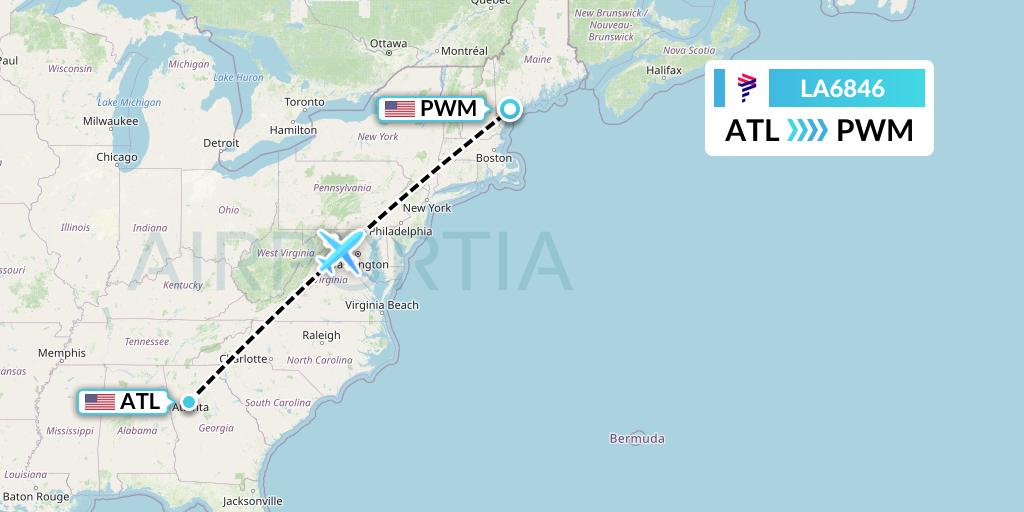 LA6846 LAN Airlines Flight Map: Atlanta to Portland