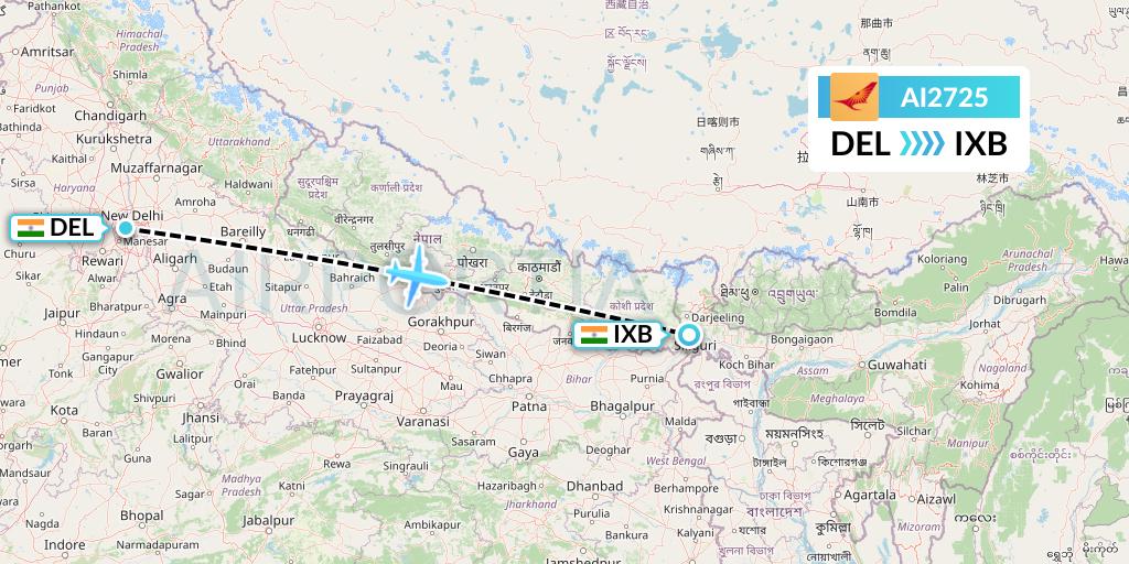 AI2725 Air India Flight Map: Delhi to Siliguri